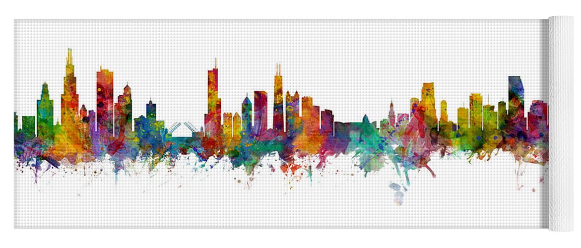 Miami Yoga Mat featuring the digital art Chicago and Miami Skylines Mashup by Michael Tompsett