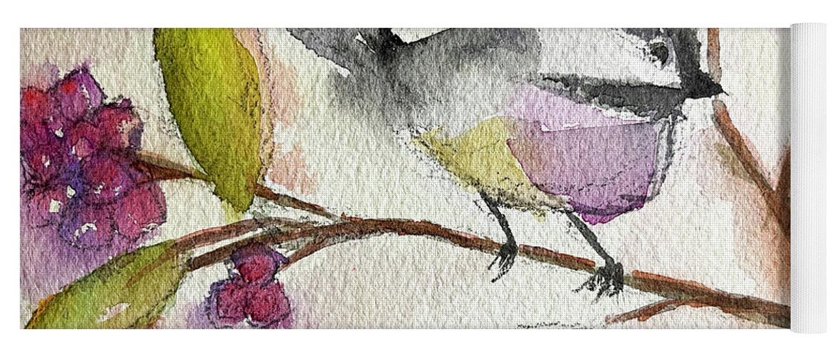Watercolor Chickadee Yoga Mat featuring the painting Chickadee perched in a Tree by Roxy Rich