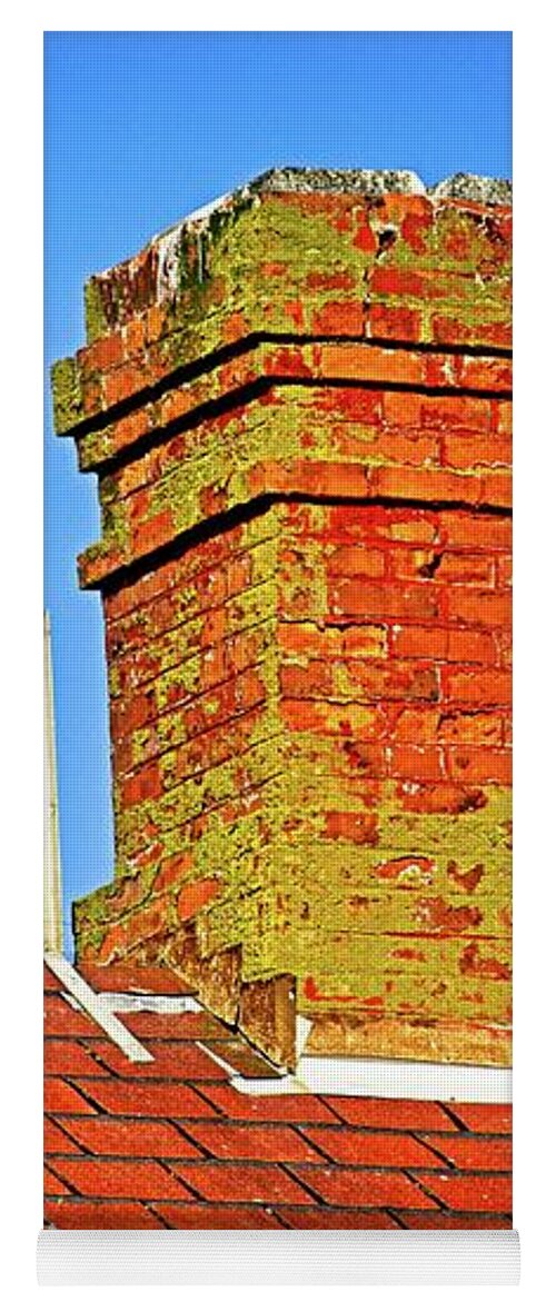 Standing; Chimney; Roof; Peak; Spire; Steeple; Aqua; Black; Blue; Blue Sky; Green; Red; Alone; Old; Rough; Worn; Worn Out; Fungus; Moss; Mold; Bright; Sunny; Sunshine; Bird Droppings; Brick; Droppings; Hard; Metal; Shingle; Surface; Texture; Tile; Above; Building; Close Up; High; House; Sky; Block; Elongated; Layered; Pattern; Peaked; Protruded; Rectangle; Repeated; Sloped; Square; Steep; Terraced; Vertical; Day; Clear Yoga Mat featuring the photograph Chimney On Blue by David Desautel