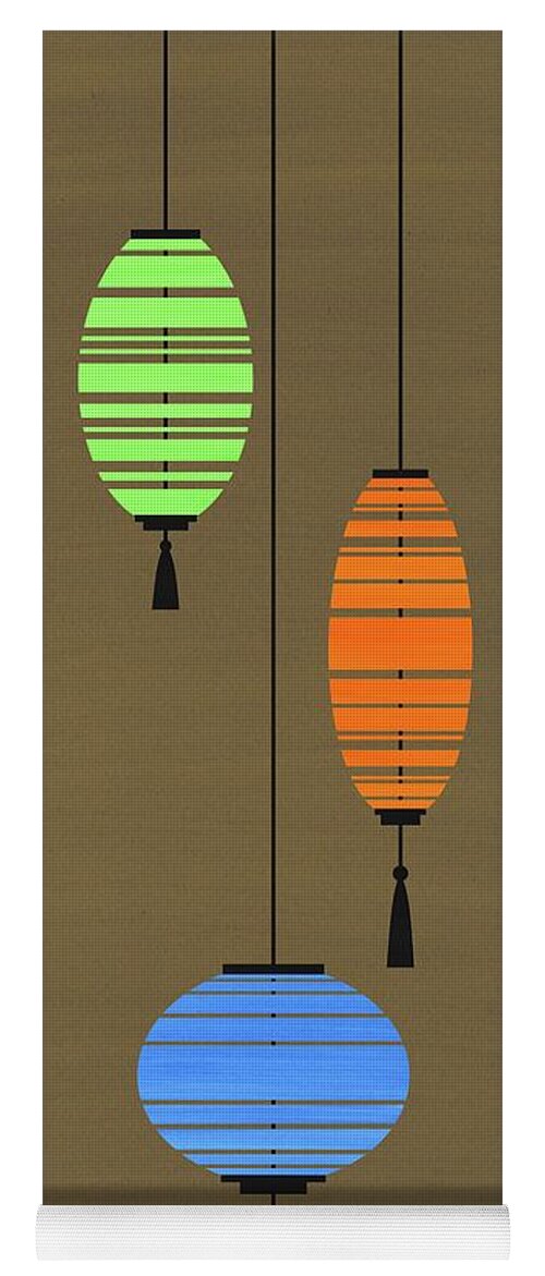 China Yoga Mat featuring the mixed media Chinese Paper Lanterns Orange Blue Green by Donna Mibus