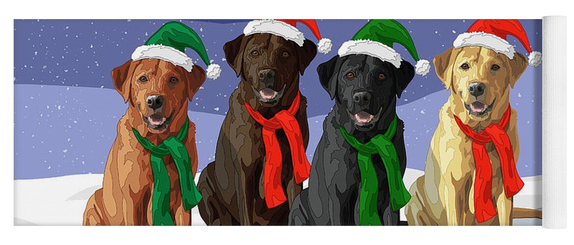 Dogs Yoga Mat featuring the digital art Christmas Dogs Red Chocolate Black Yellow Labrador Retrievers by Crista Forest