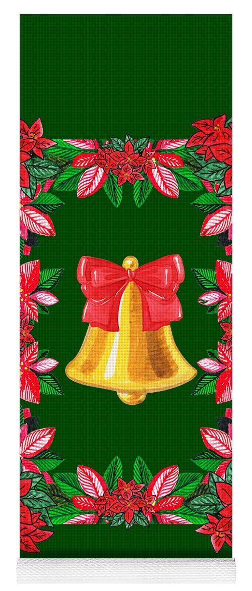 Gold Bell Yoga Mat featuring the painting Christmas Poinsettia Golden Bell With Red Bow Watercolor by Irina Sztukowski