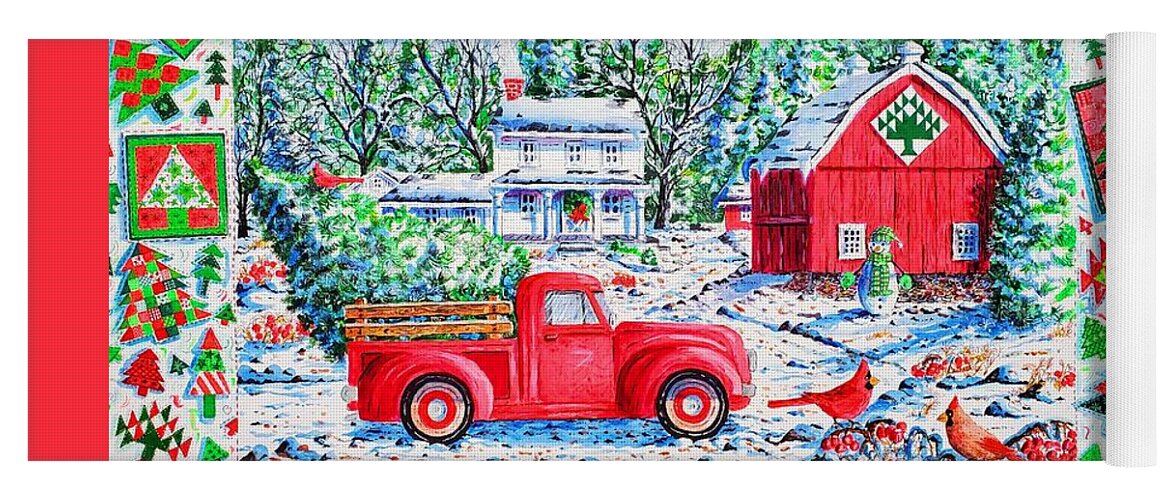Christmas Yoga Mat featuring the painting Christmas Red Truck by Diane Phalen