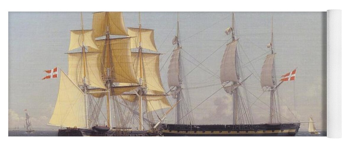  Yoga Mat featuring the painting Christoffer Wilhelm Eckersberg - The Corvette Najaden, waiting in the Sound for the Frigate Bellona. by Les Classics