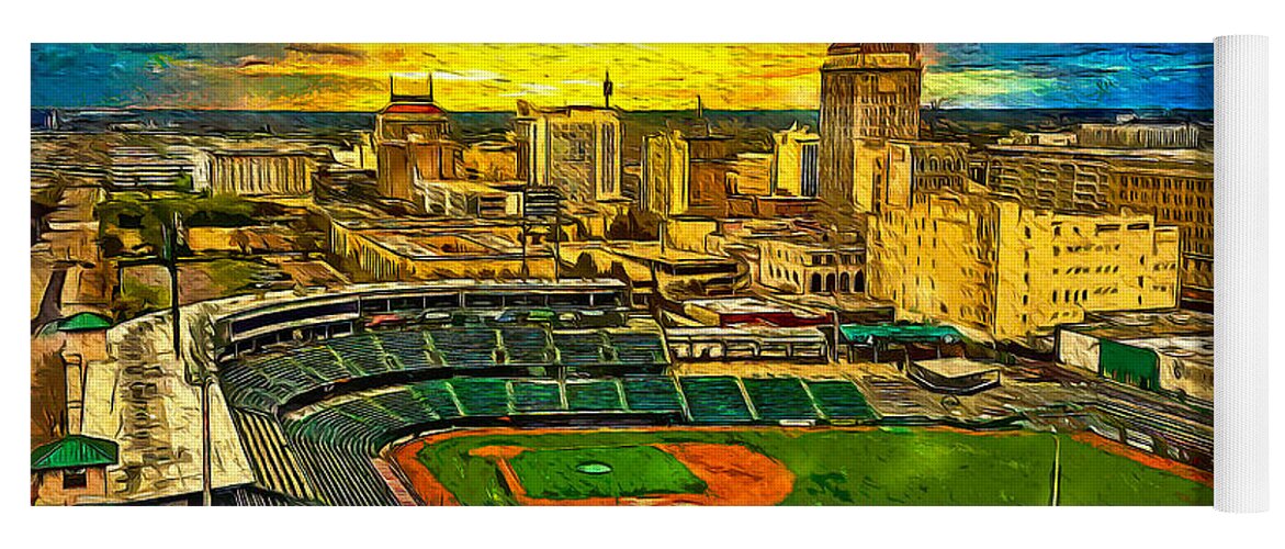 Chukchansi Park Yoga Mat featuring the digital art Chukchansi Park baseball stadium, and the panorama of Fresno at sunset - painting by Nicko Prints
