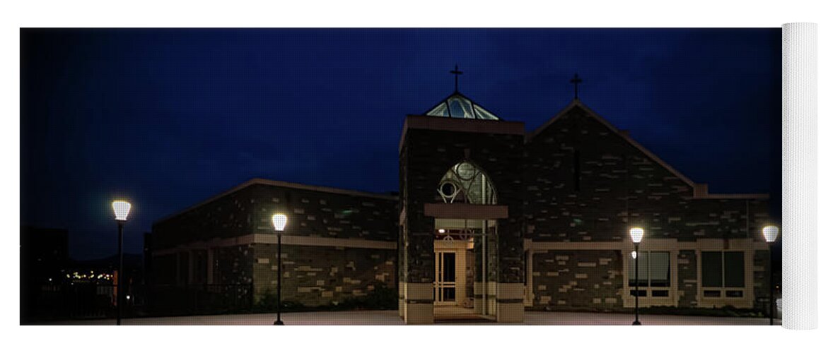 Church Yoga Mat featuring the photograph Church Night Entrance by Deb Beausoleil