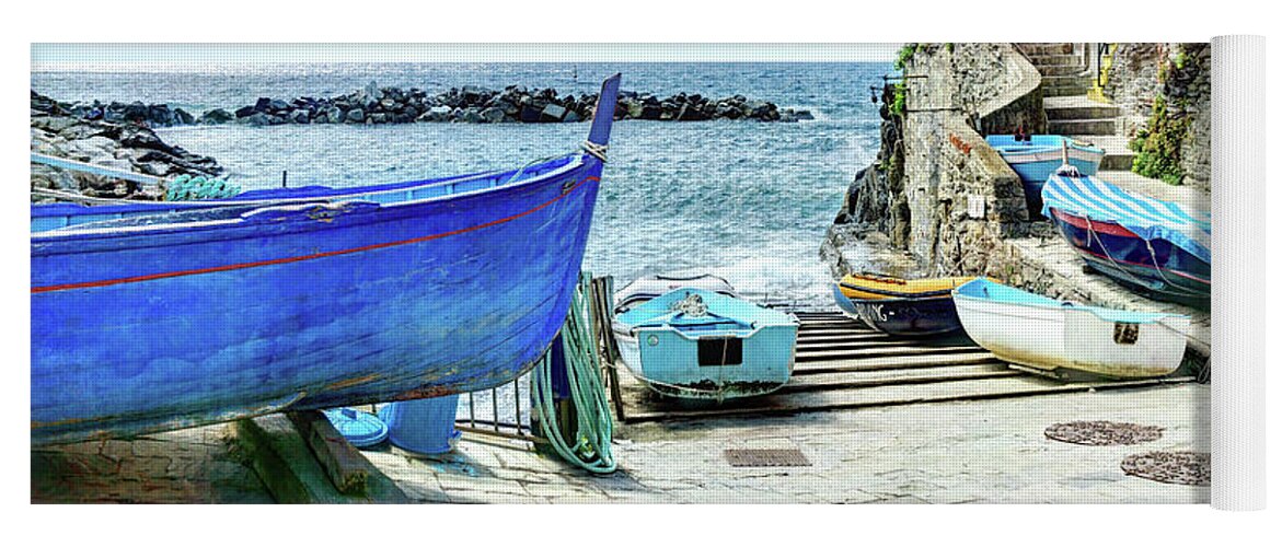 Riomaggiore Yoga Mat featuring the photograph Cinque Terre - little port of Riomaggiore - vintage version by Weston Westmoreland