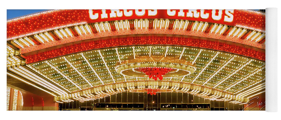 Post Card Yoga Mat featuring the photograph Circus Circus Casino Outside Main Entrance at Dusk Post Card by Aloha Art