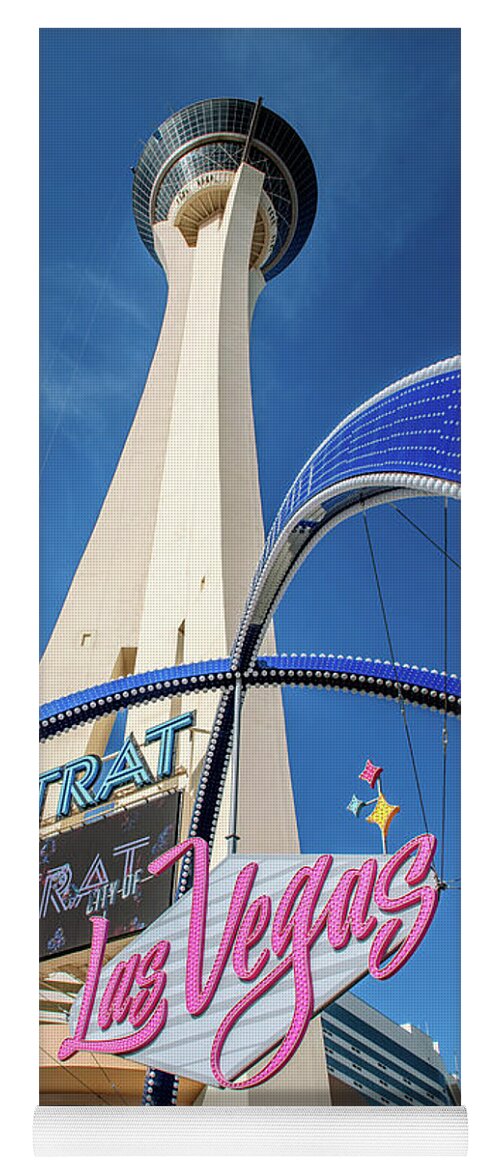 City Of Las Vegas Gateway Arch Yoga Mat featuring the photograph City of Las Vegas Arch and the Strat From Below Portrait by Aloha Art