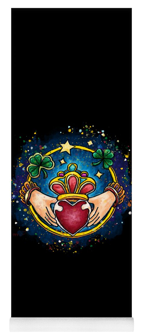Claddagh Yoga Mat featuring the painting Claddagh ring on black background, Ireland engagement ring by Nadia CHEVREL