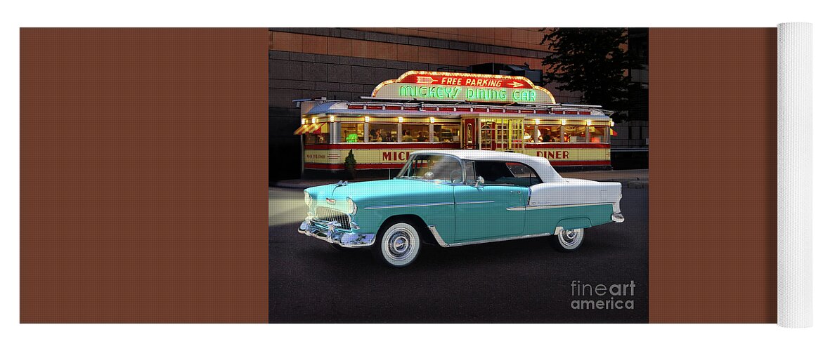 1955 Yoga Mat featuring the photograph Classic '55 Chevy Convertible At Mickey's Diner by Ron Long