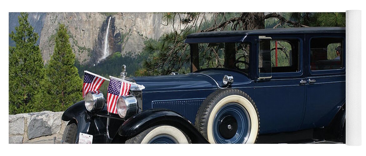 Vintage Yoga Mat featuring the photograph Classic Car Cruisin' In Yosemite. by Bonnie Colgan