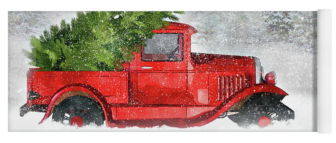 Christmas Yoga Mat featuring the digital art Classic Holiday Vintage Red Truck by Doreen Erhardt