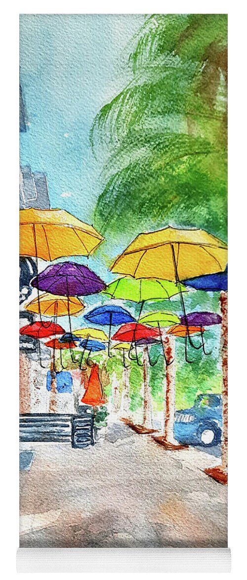 Dunedin Yoga Mat featuring the painting Colorful Dunedin Umbrellas by Debbie Lewis