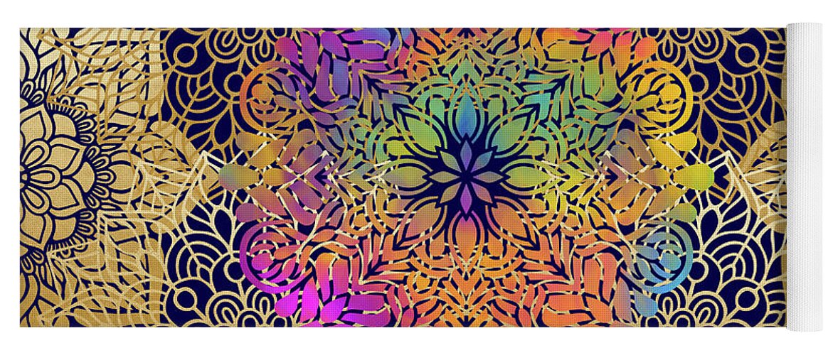 Mandala Yoga Mat featuring the digital art Colorful Gold Mandala Pattern in Black Background by Sambel Pedes