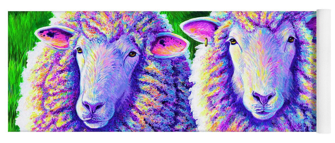 Sheep Yoga Mat featuring the painting Colorful Sheep Portrait - Charlie and Curtis by Rebecca Wang
