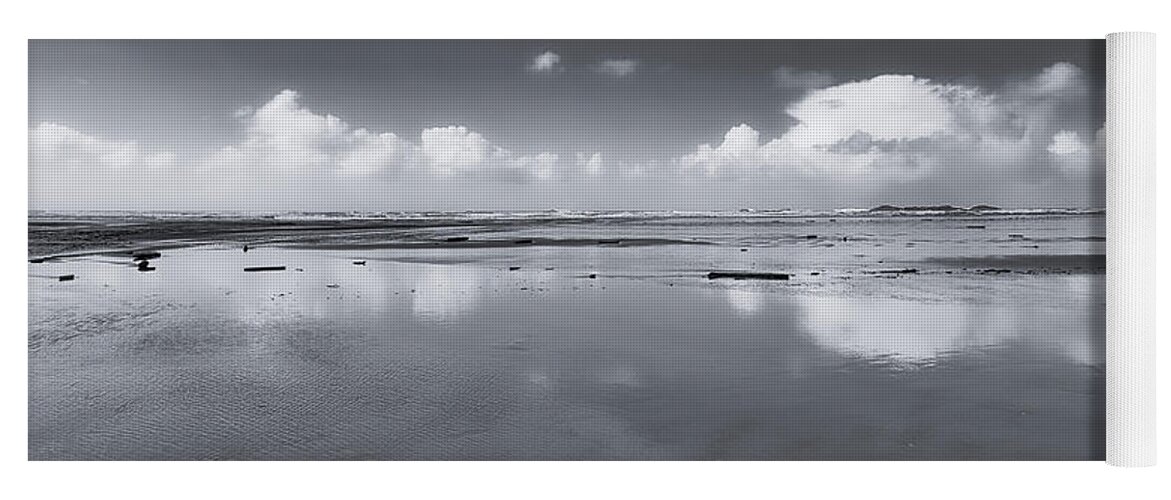Black And White Photography Yoga Mat featuring the photograph Comber's Beach Reflection Panorama by Allan Van Gasbeck