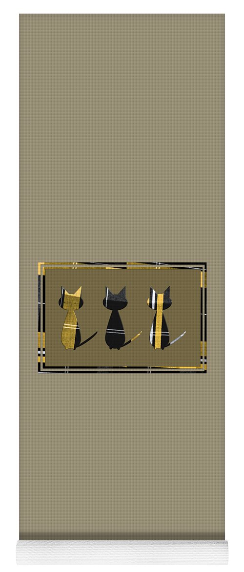 Cats Yoga Mat featuring the digital art Cute Cats in Black and Yellow Tartan by Barefoot Bodeez Art