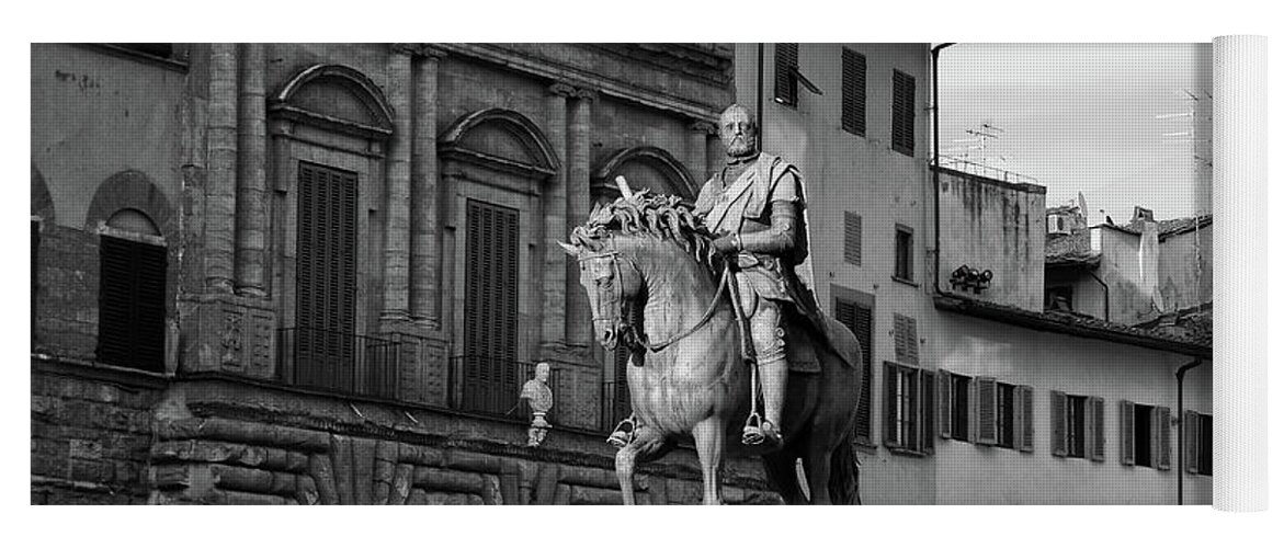 Florence Yoga Mat featuring the photograph Cosimo I Bronze Equestrian Monument Piazza Della Signoria Florence Italy Black and White by Shawn O'Brien