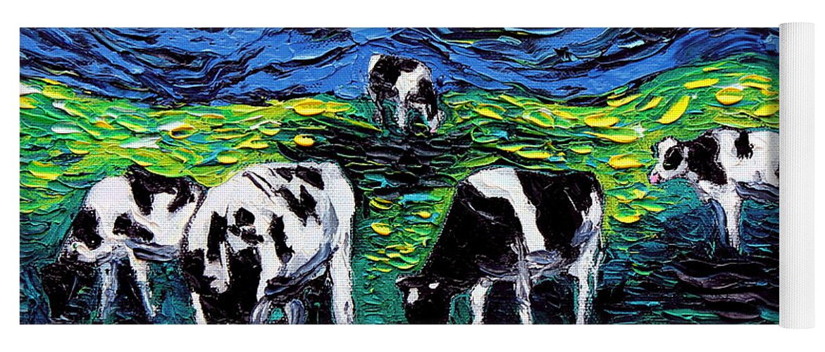 Cows Yoga Mat featuring the painting Cow Starry Night by Aja Trier