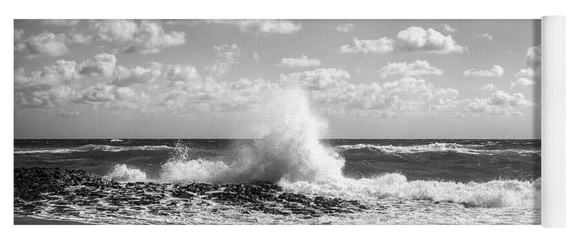 Clouds Yoga Mat featuring the photograph Crashing into Shore in Black and White by Debra and Dave Vanderlaan
