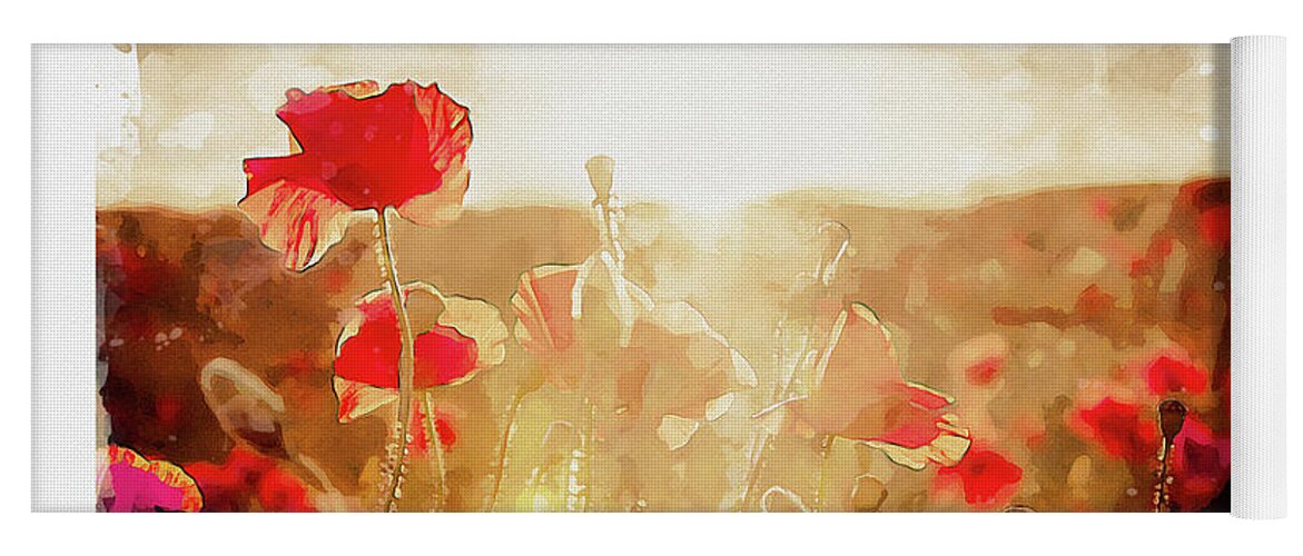 Poppy Sunset Yoga Mat featuring the digital art Crimson Fields by Airpower Art