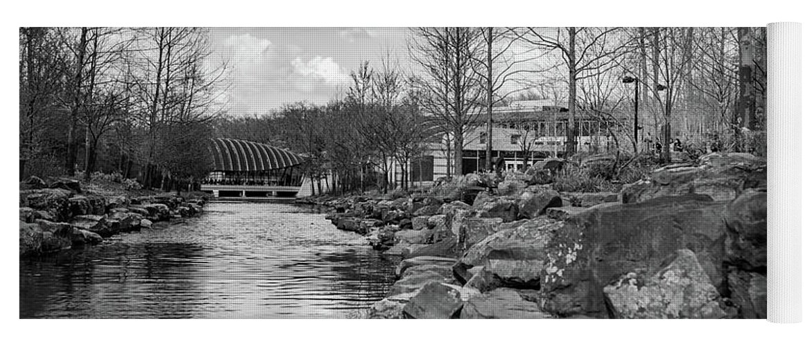 Crystal Bridges Yoga Mat featuring the photograph Crystal Bridges Museum Riverscape In Black and White by Gregory Ballos