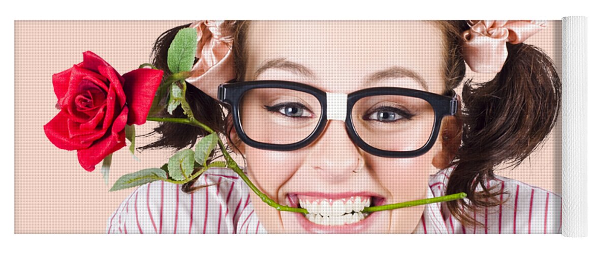Funny Yoga Mat featuring the photograph Cute Smiling Woman Wearing Nerd Glasses With Rose by Jorgo Photography