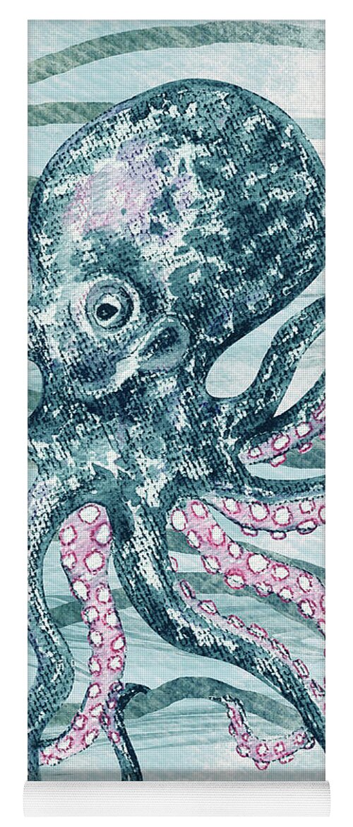 Octopus Yoga Mat featuring the painting Cute Teal Blue Watercolor Octopus On Calm Wave Beach Art by Irina Sztukowski