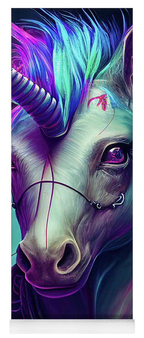 Unicorn Yoga Mat featuring the digital art Cyberpunk Unicorn Portrait 01 by Matthias Hauser