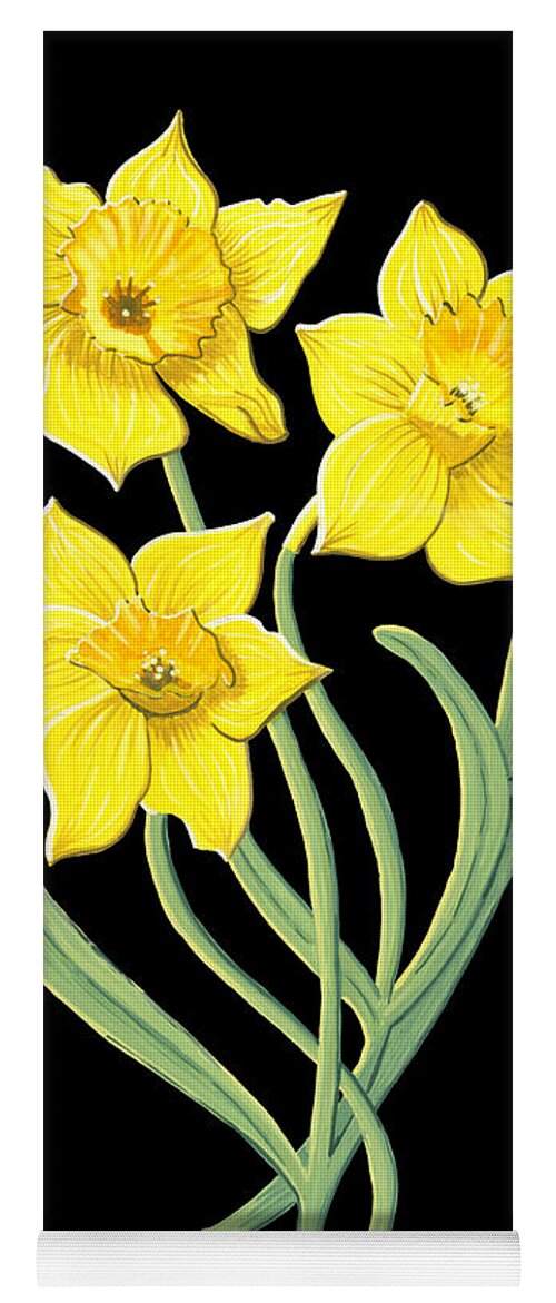 Daffodil Yoga Mat featuring the painting Daffodil March Birth Month Flower Botanical Print on Black - Art by Jen Montgomery by Jen Montgomery