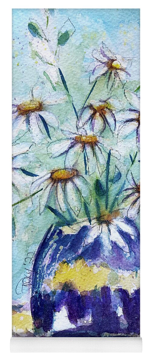 Loose Floral Yoga Mat featuring the painting Daisies in a Purple Vase by Roxy Rich