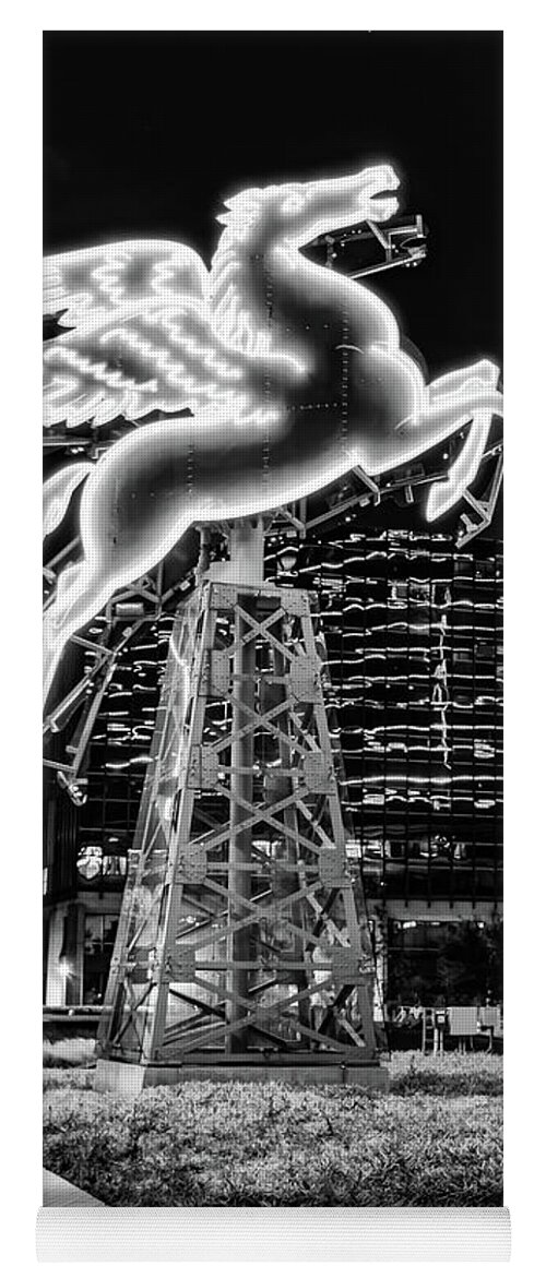 Dallas Images Yoga Mat featuring the photograph Dallas Pegasus Lights in Black and White by Gregory Ballos