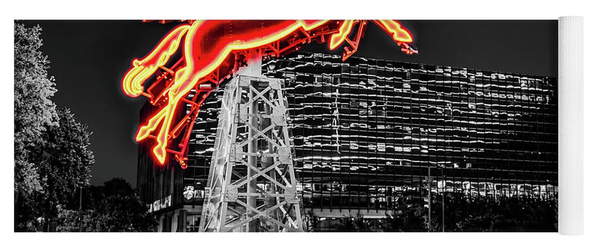 Dallas Skyline Yoga Mat featuring the photograph Dallas Texas Selectively Colored Red Pegasus Rising by Gregory Ballos