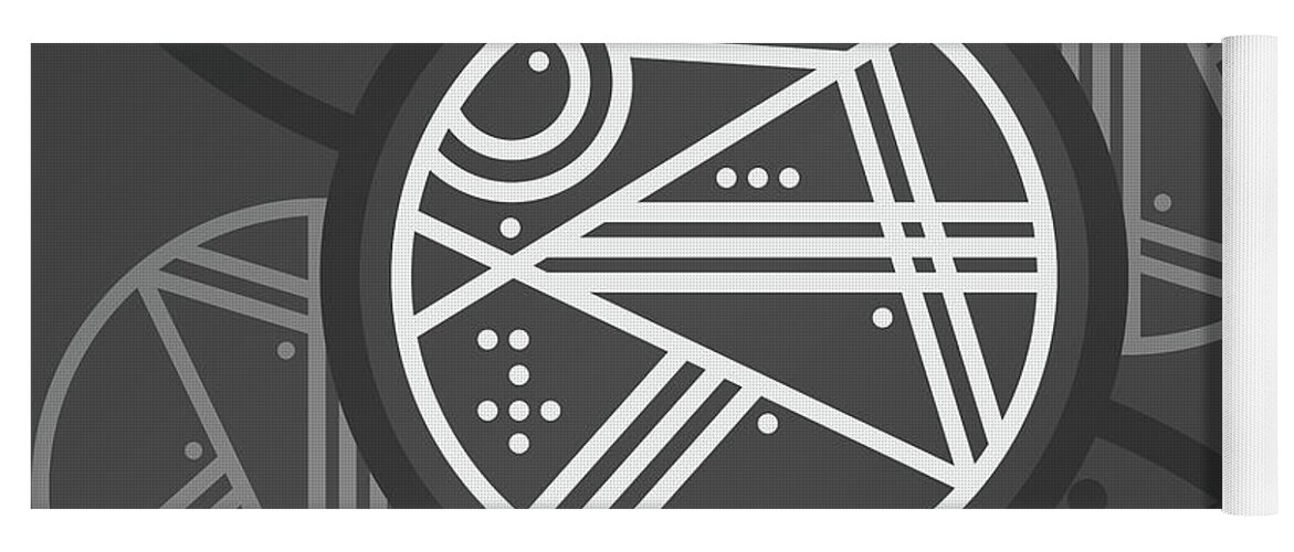 Abstract Yoga Mat featuring the mixed media Dark Steely Geometric Glyph Art in Black Gray and White n.0100 by Holy Rock Design