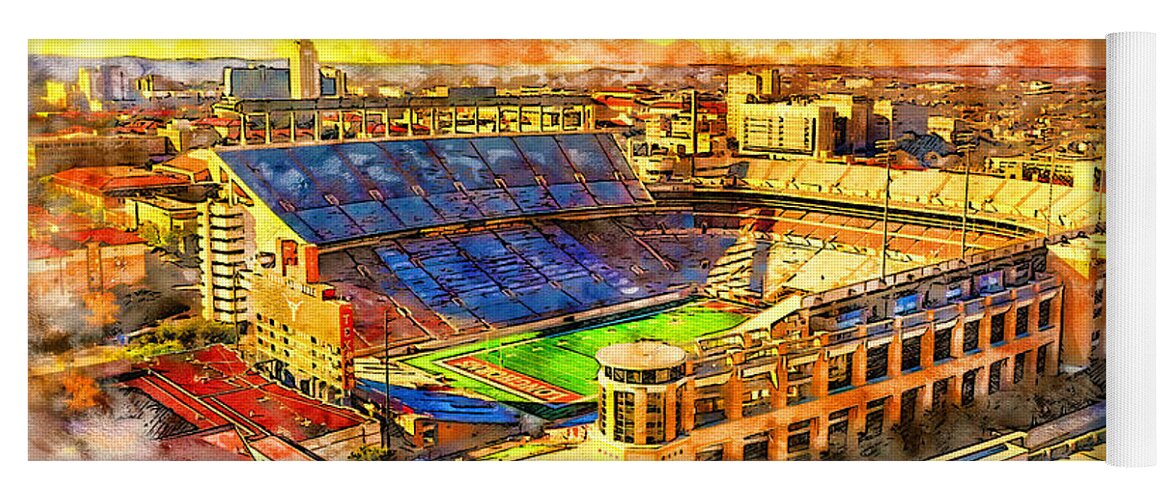 Darrell K Royal–texas Memorial Stadium Yoga Mat featuring the digital art Darrell K Royal-Texas Memorial Stadium in Austin at sunset - pen and watercolor by Nicko Prints