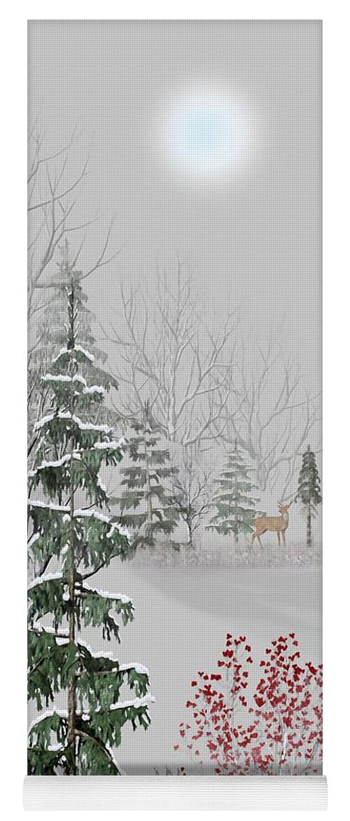Wildlife Yoga Mat featuring the mixed media Deer in the Distance Winter Morning by David Dehner