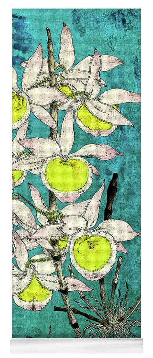 White Flower Yoga Mat featuring the mixed media Dendrobium Orchid on blue by Lorena Cassady
