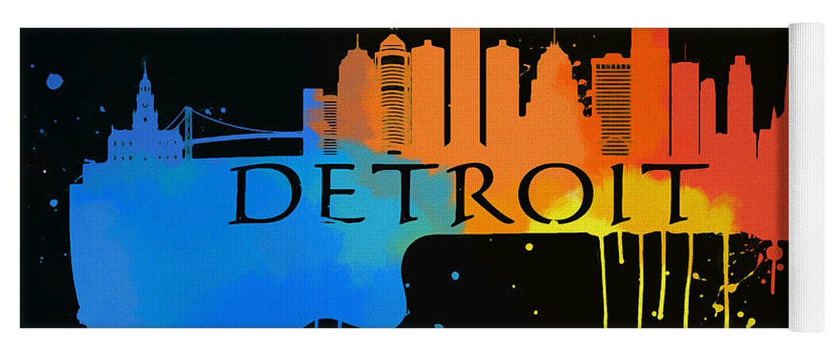 Detroit Colorful Skyline On Guitar Yoga Mat featuring the painting Detroit Colorful Skyline On Guitar by Dan Sproul