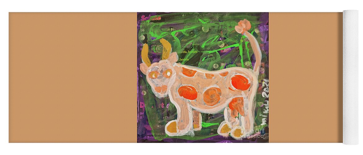 Cow Yoga Mat featuring the mixed media Die Orange-Gfleckte by Mimulux Patricia No