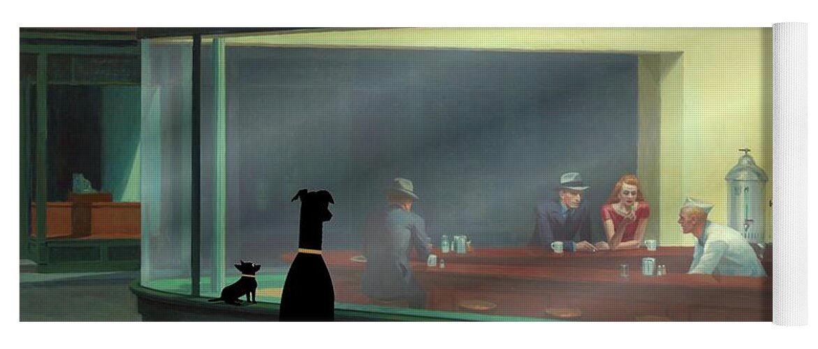 Nighthawks Yoga Mat featuring the digital art Dogs Peer Into Nighthawks Diner by Donna Mibus