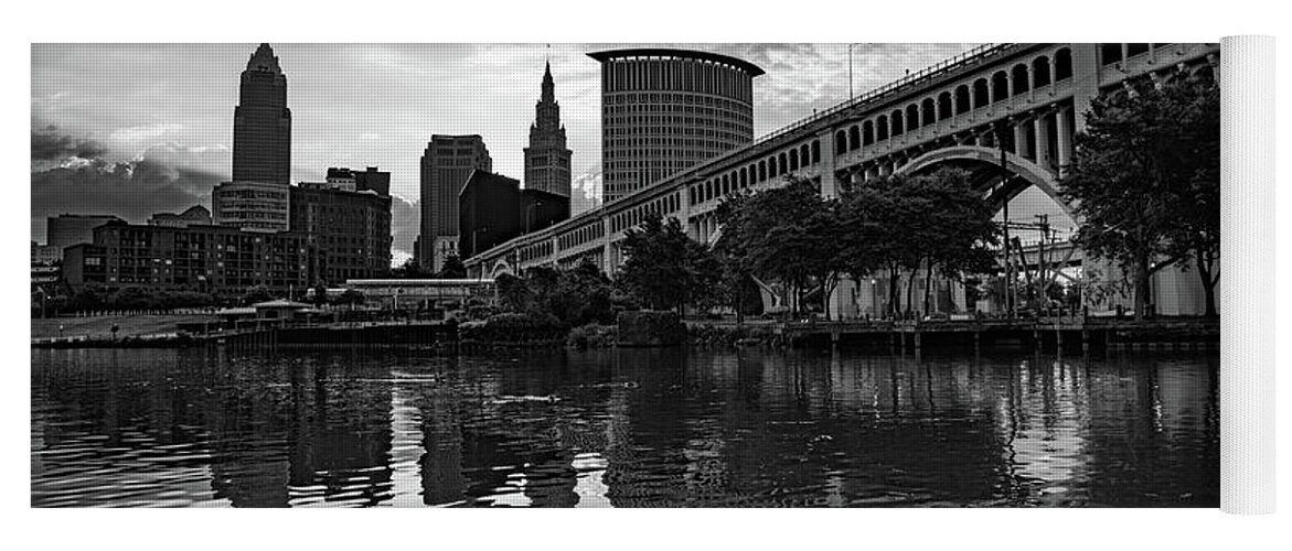 Cleveland Skyline Yoga Mat featuring the photograph Downtown Cleveland Skyline - Grayscale Edition by Gregory Ballos