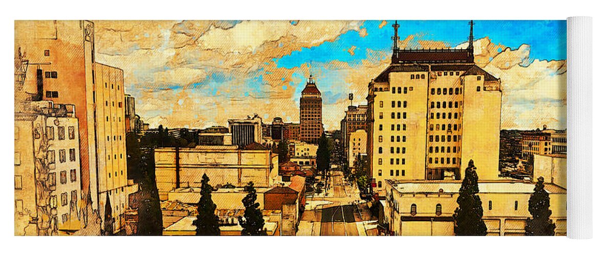 Fresno Yoga Mat featuring the digital art Downtown Fresno, California, seen above Fulton Street - painting and sketch by Nicko Prints