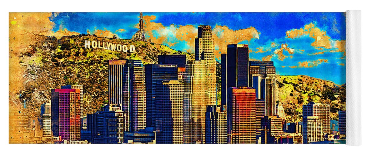 Los Angeles Yoga Mat featuring the digital art Downtown Los Angeles skyline with the Hollywood sign in the background - digital painting by Nicko Prints