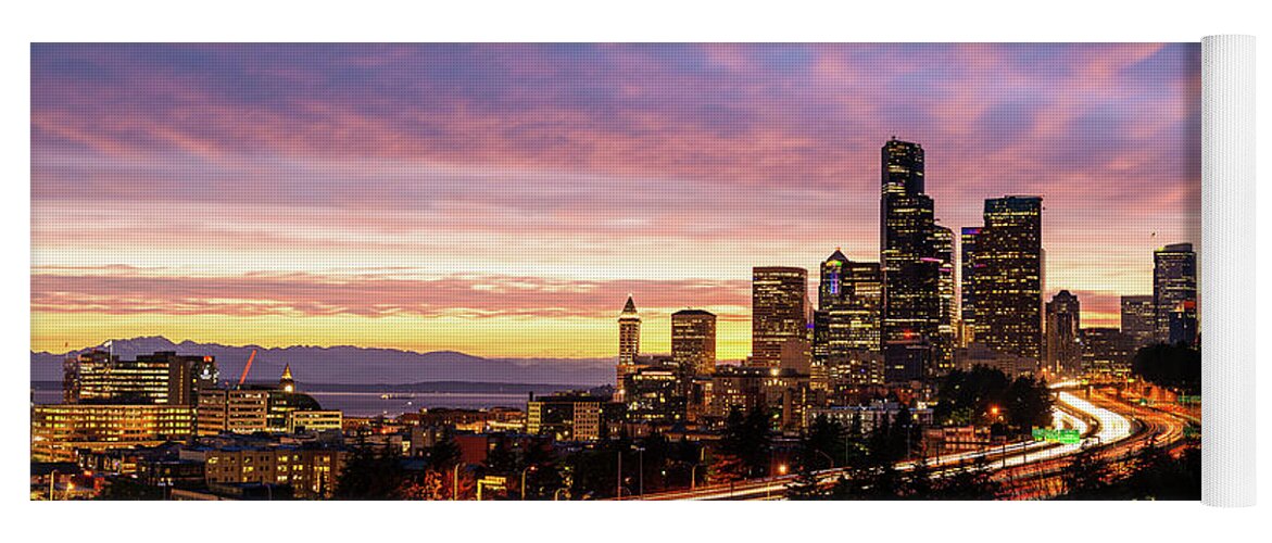 Outdoor; Sunset; Spring; Twilight; Downtown; Seattle; Highways; Elliot Bay; Night; Night Photography; Cloud; Strip Clouds; Washington Beauty; Pnw Photography Yoga Mat featuring the digital art Downtown Seattle in Twilight by Michael Lee