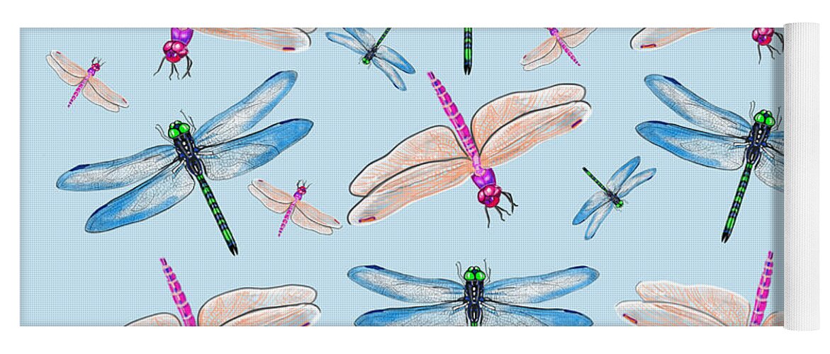 Dragonflies In Blue Sky By Judy Link Cuddehe Yoga Mat featuring the mixed media Dragonflies in Blue Sky by Judy Cuddehe