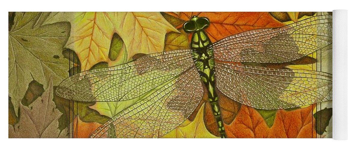 Kim Mcclinton Yoga Mat featuring the drawing Dragonfly Fall by Kim McClinton