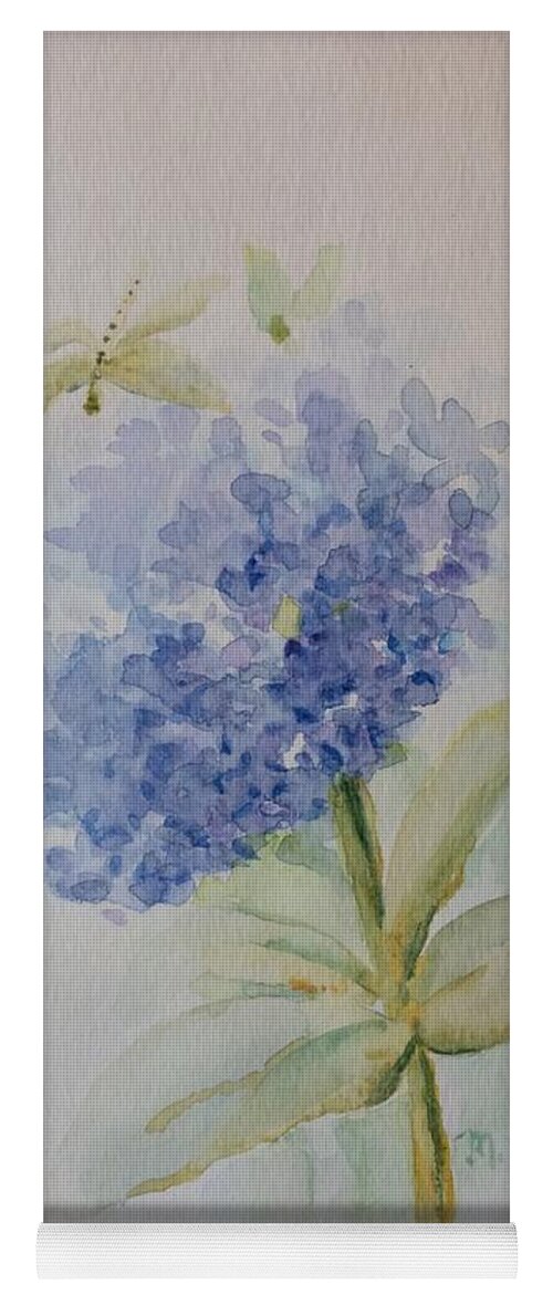 Hydrangea Yoga Mat featuring the painting Dragonfly on hydrangea by Milly Tseng