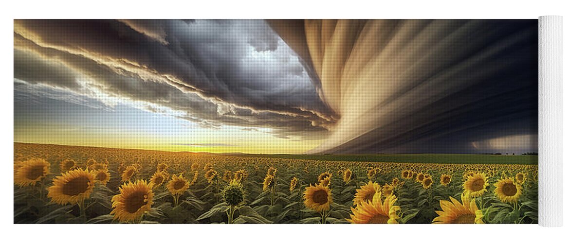 Storm Yoga Mat featuring the digital art Dramatic clouds stretch across the sky, seemingly engulfing the horizon above a field of sunflowers. by Odon Czintos