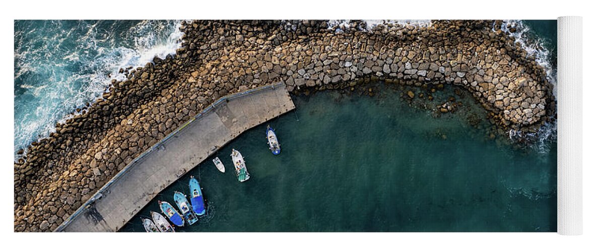 Fishing Harbor Yoga Mat featuring the photograph Drone aerial fishing harbour with boats stormy waves, blue sea by Michalakis Ppalis